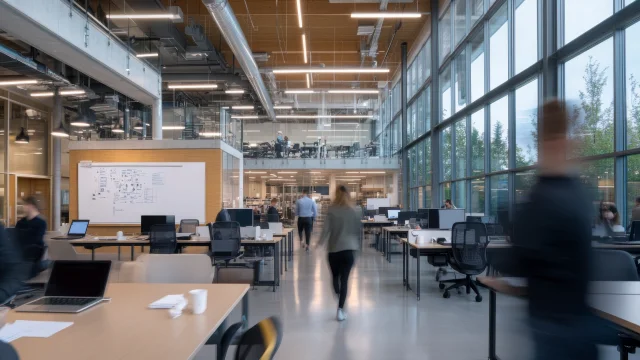 In a contemporary coworking space, professionals navigate between glass-walled offices, utilizing communal desks equipped with laptops, coffee, and large whiteboards