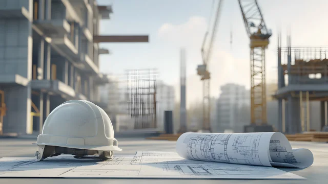 Construction site with building, cranes and equipment on light background. A helmet is placed next to it.