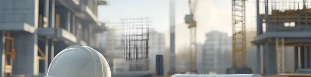 Construction site with building, cranes and equipment on light background. A helmet is placed next to it.