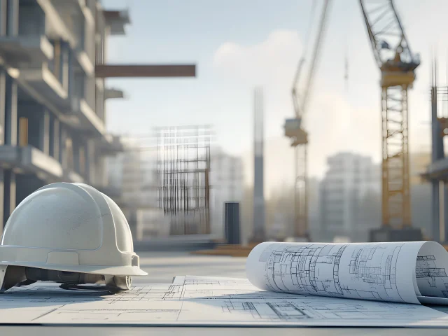 Construction site with building, cranes and equipment on light background. A helmet is placed next to it.